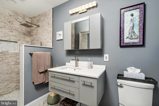 a bathroom with a sink mirror and toilet