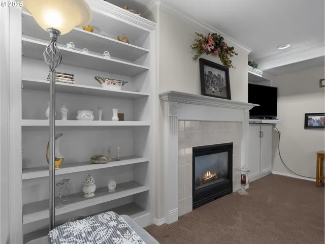 a living room with furniture and a table