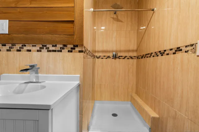 a bathroom with a sink and a shower