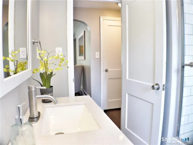 a bathroom with a sink a mirror and a shower