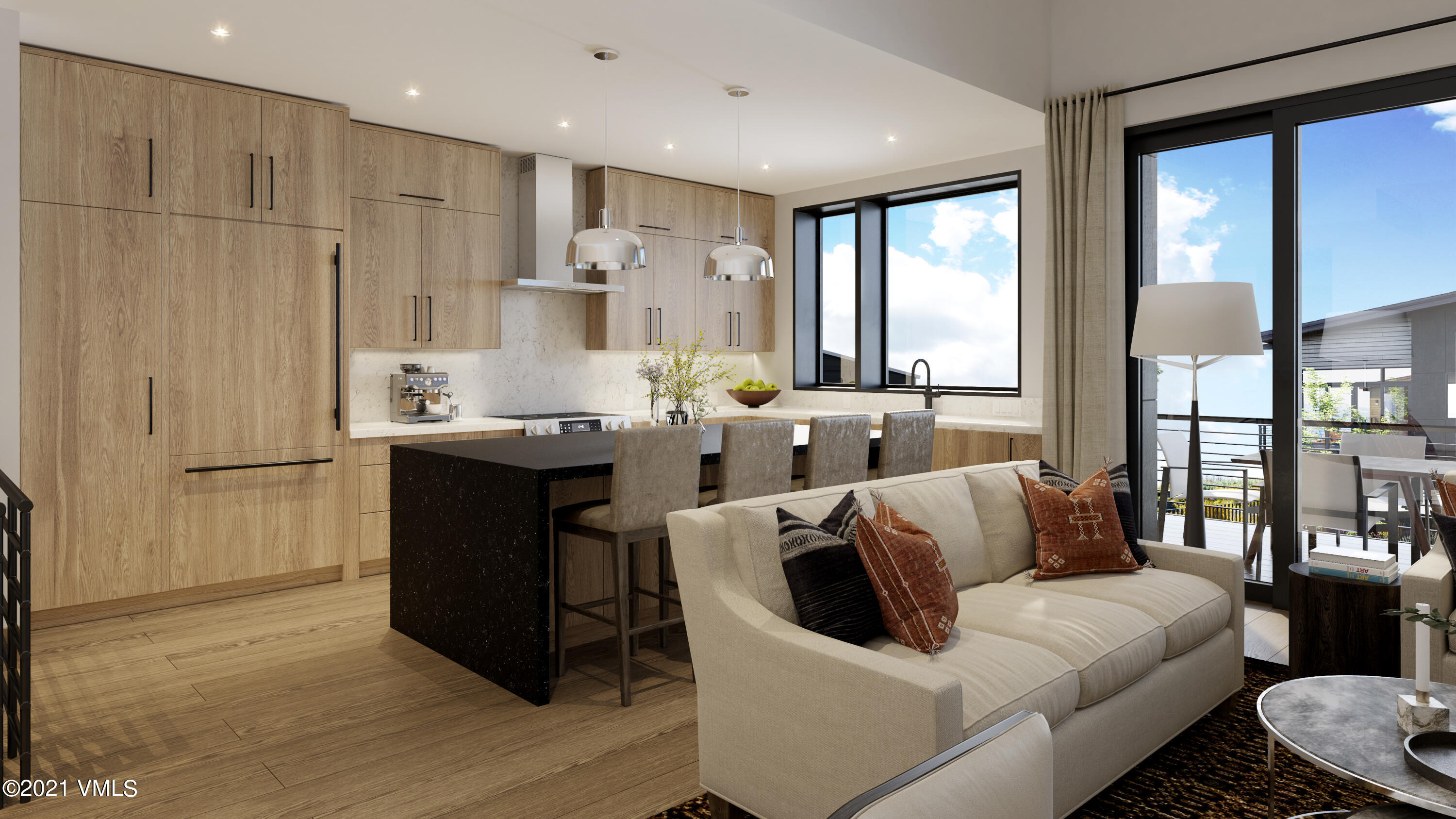 a living room with furniture a large window with kitchen view