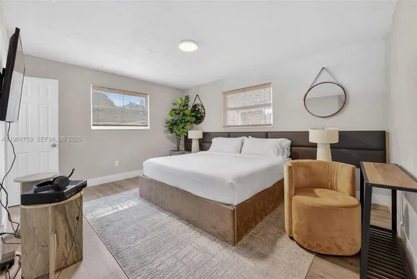 a spacious bedroom with a bed and window
