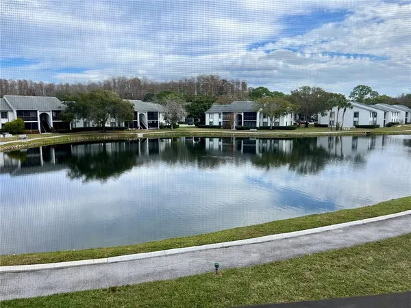 a view of a lake with houses in the back