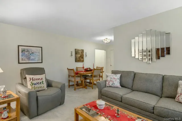 a living room with furniture a rug and a window