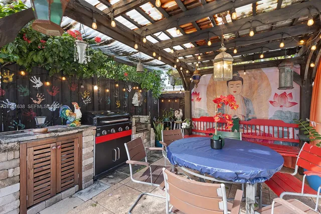 a view of a chairs and table in a patio