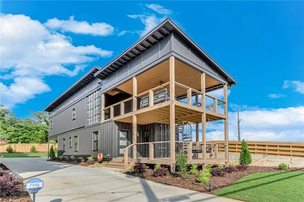 a front view of a building with street view