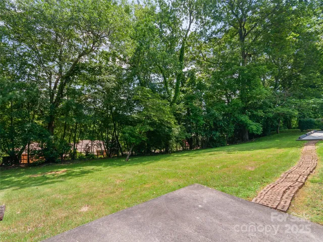 a view of a park with large trees