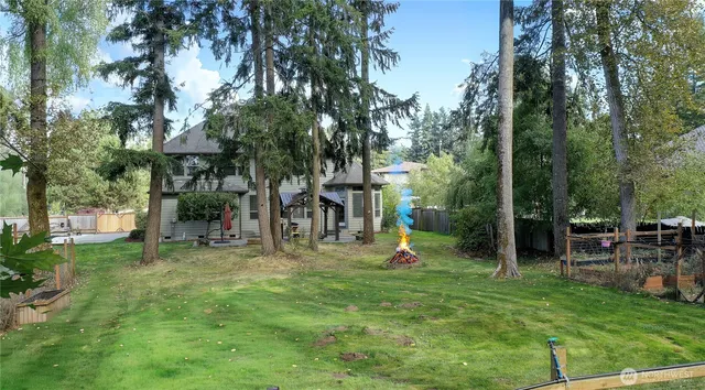 a view of a backyard with a slide and a tree