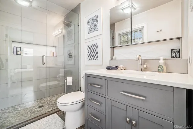 a bathroom with a sink a toilet and shower