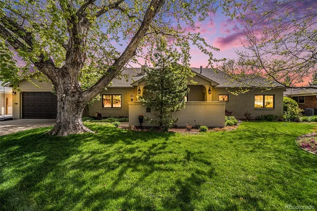 a backyard of a house with plants and large tree