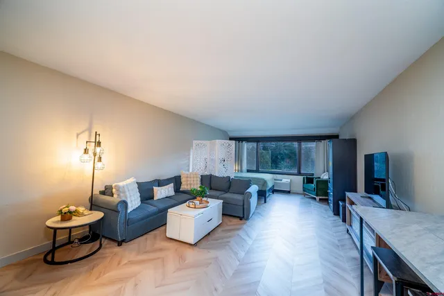a living room with furniture and a kitchen