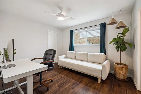 a living room with furniture and a potted plant
