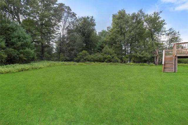 a view of green field with trees in the background