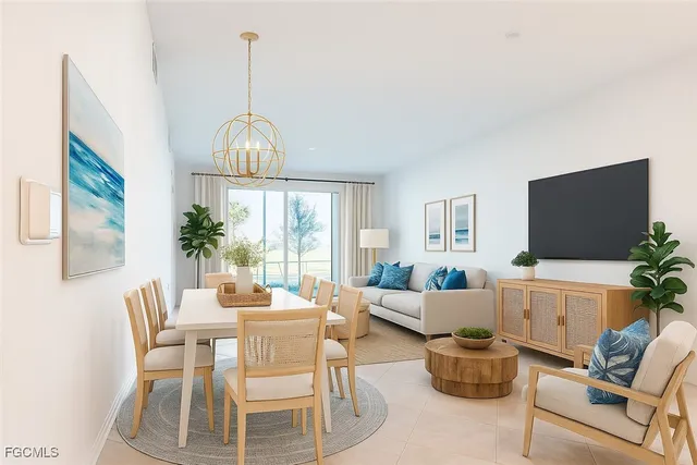 a living room with furniture a flat screen tv and a large window