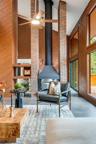 a dining room with large window