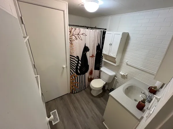 a bathroom with a sink toilet and mirror