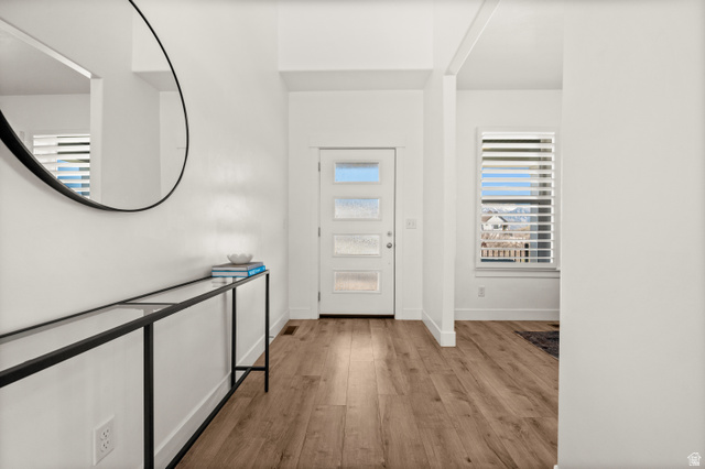 14728 South Canyon Pointe Road Draper, UT 84020 - Photo 4 of 35 Contemporary entry featuring a solid core door with four frosted glass inserts, wood-finish flooring, a round black-framed mirror, and a window with horizontal blinds