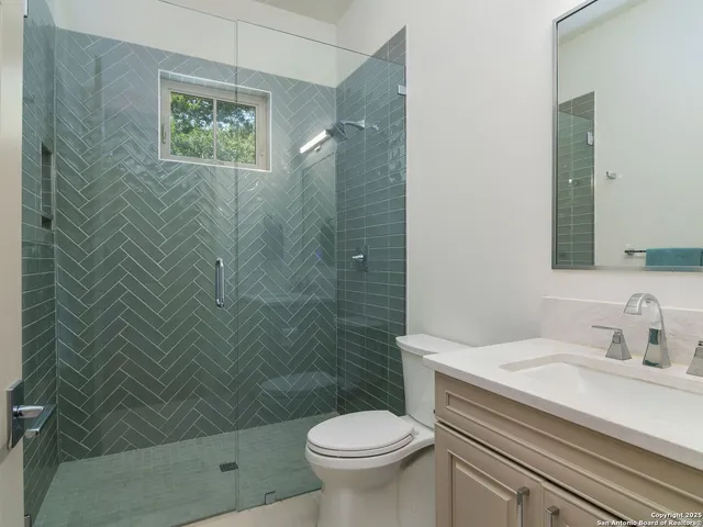 a bathroom with a sink a toilet and a shower