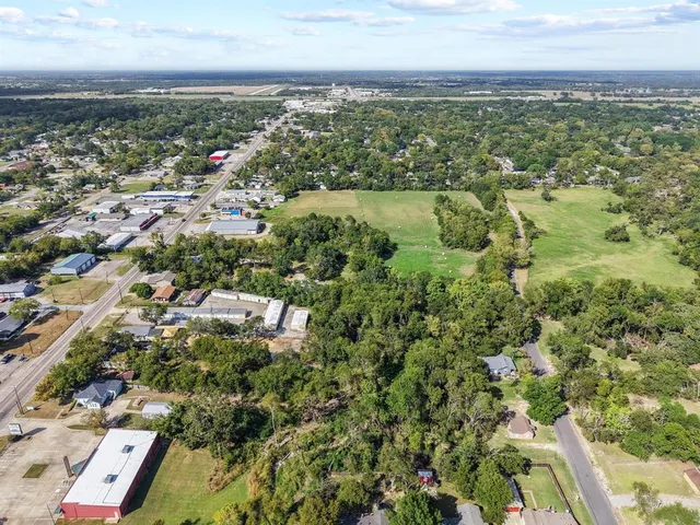 an aerial view of residential houses with outdoor space and trees