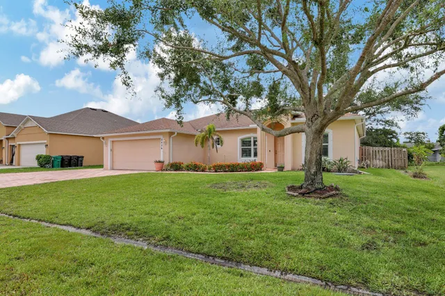 a view of a yard in front of a house with plants and large tree