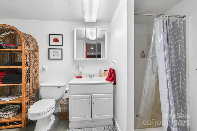 a bathroom with a toilet sink and shower curtain