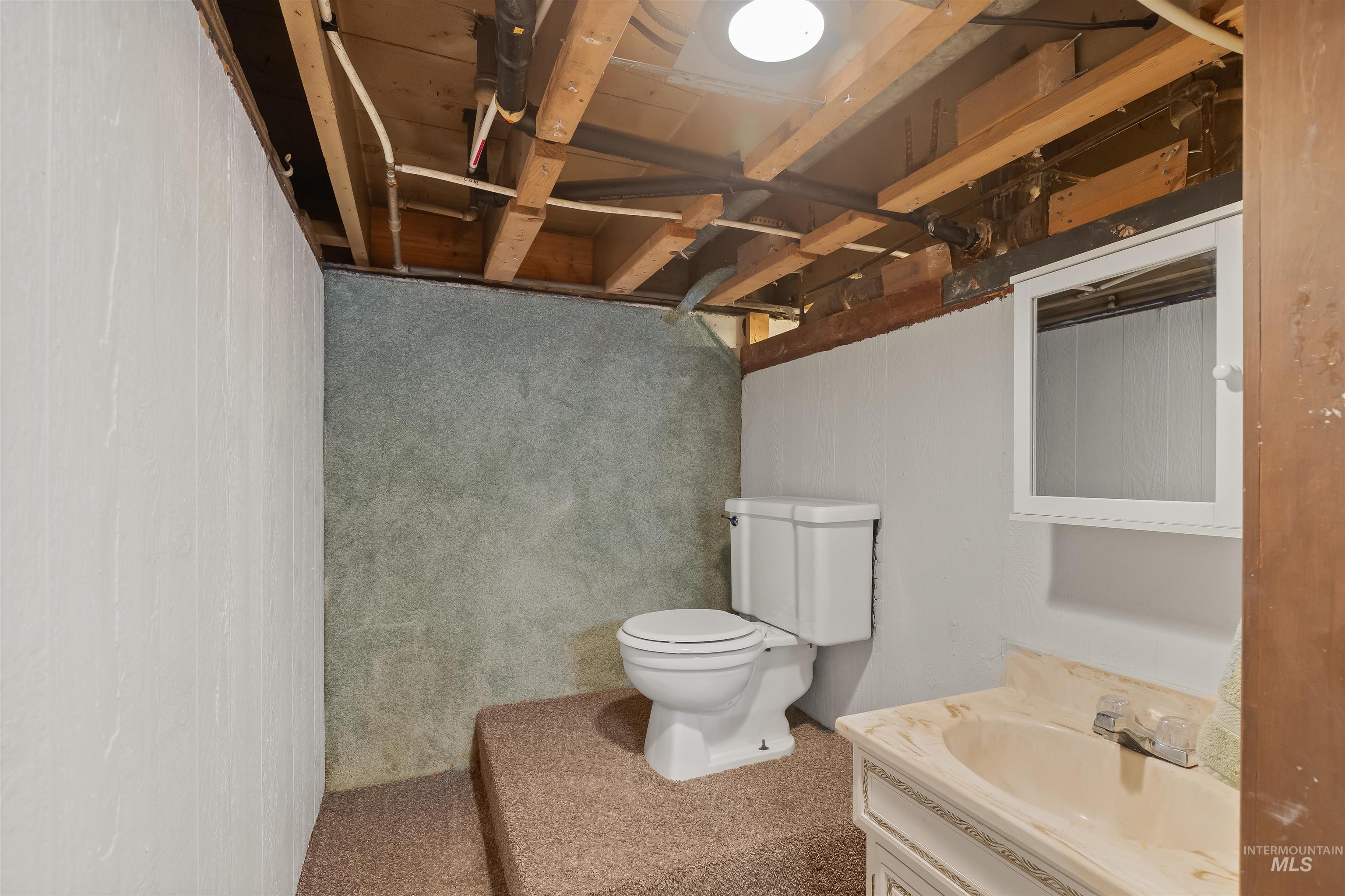 924 N Street Lewiston, ID 83501 - Photo 34 of 46 Basement utility area featuring a wall-mounted toilet, vanity with sink, and mirrored medicine cabinet