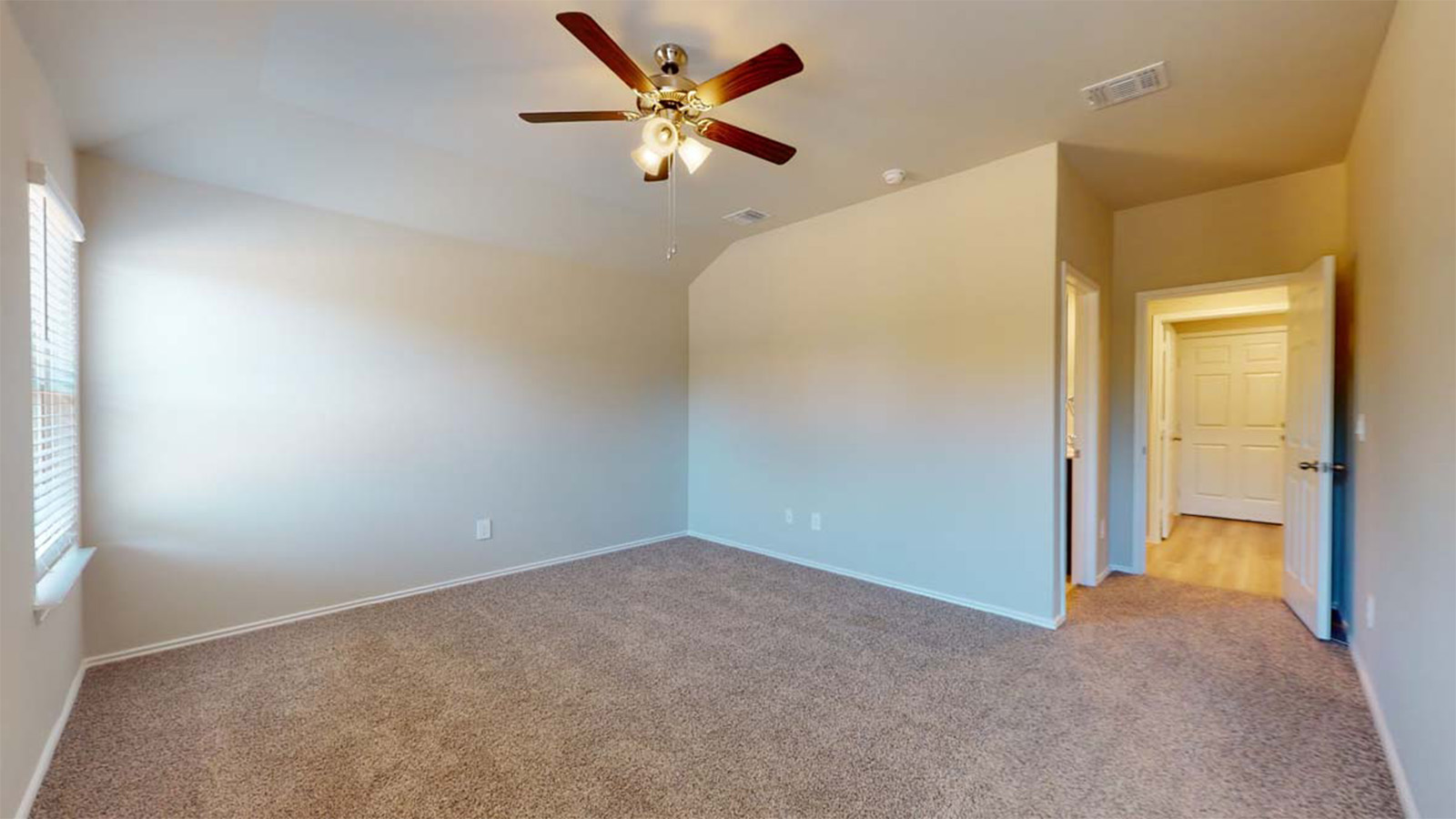 1403 Victory Rnch Trail Killeen, TX 76549 - Photo 13 of 22 Spacious room with carpeted floors, a window with blinds, and a ceiling fan with integrated lighting