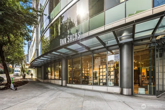 a view of a building with a large window