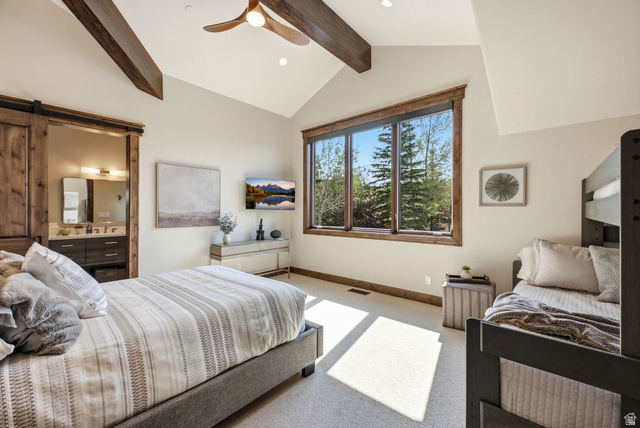 7885 North Rabbitbrush Court, Unit 13 Park City, UT 84098 - Photo 64 of 88 Vaulted ceiling with exposed wood beams and a ceiling fan