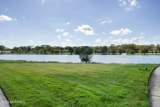 a view of a lake with houses in the back