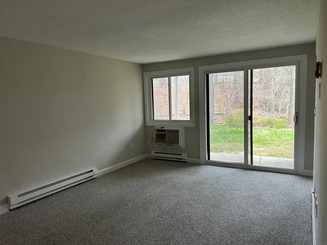 an empty room with a fireplace and a floor to ceiling window