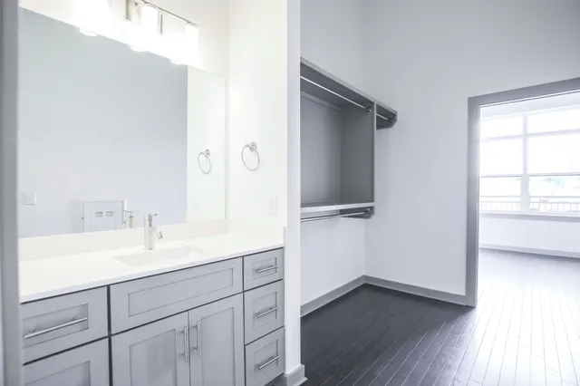 a bathroom with a sink and a mirror
