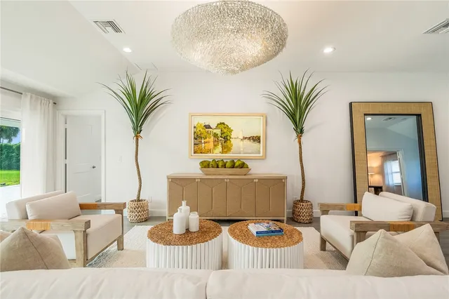 a living room with furniture and a potted plant