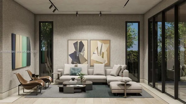 a living room with furniture and a floor to ceiling window