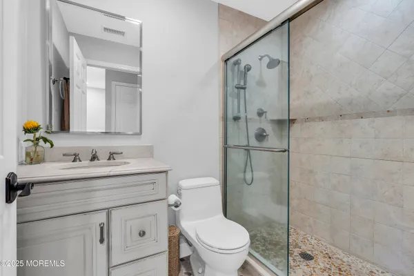 a bathroom with a toilet a sink a mirror a vanity and shower