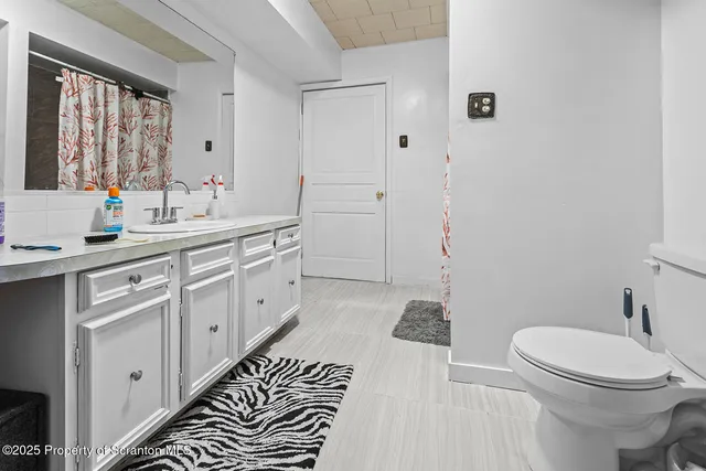 a bathroom with a double vanity sink mirror and toilet