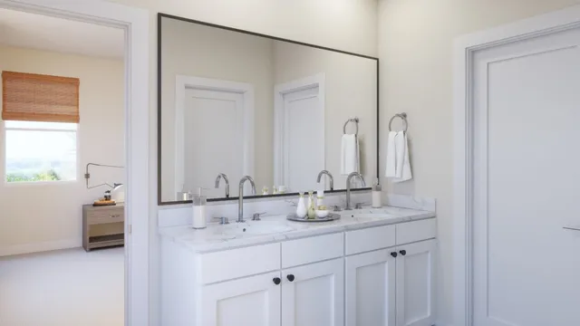a bathroom with a double vanity sink and a mirror