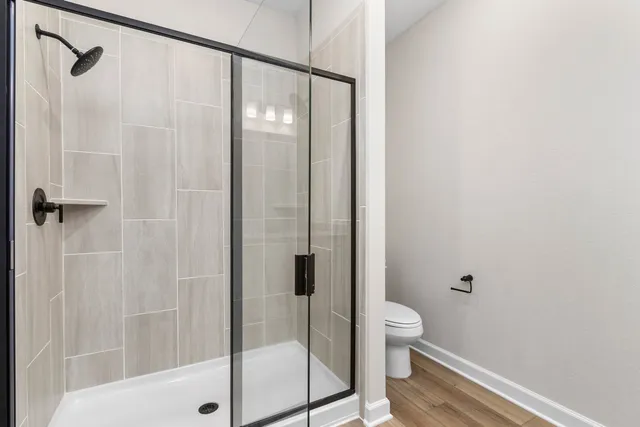 a bathroom with a shower and a toilet