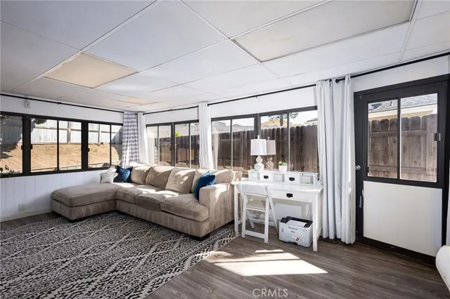 an aerial view of a house with a garden