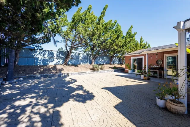 a view of a backyard with seating area