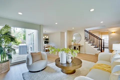 a living room with furniture potted plant and a wooden floor