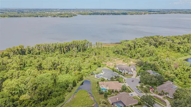 a view of a lake with a city