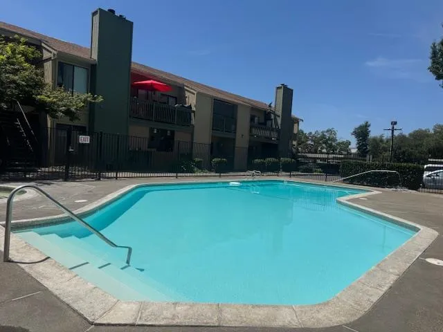a view of swimming pool with lawn chairs and potted plants