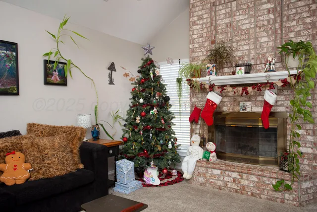 a living room with furniture and a potted plant