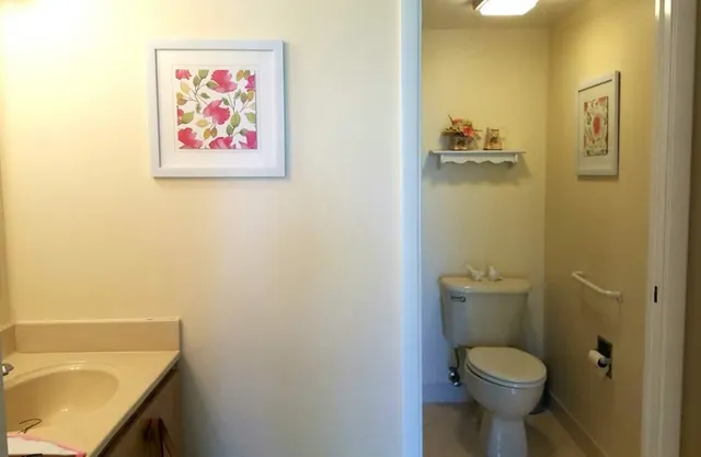 a bathroom with a toilet sink and vanity
