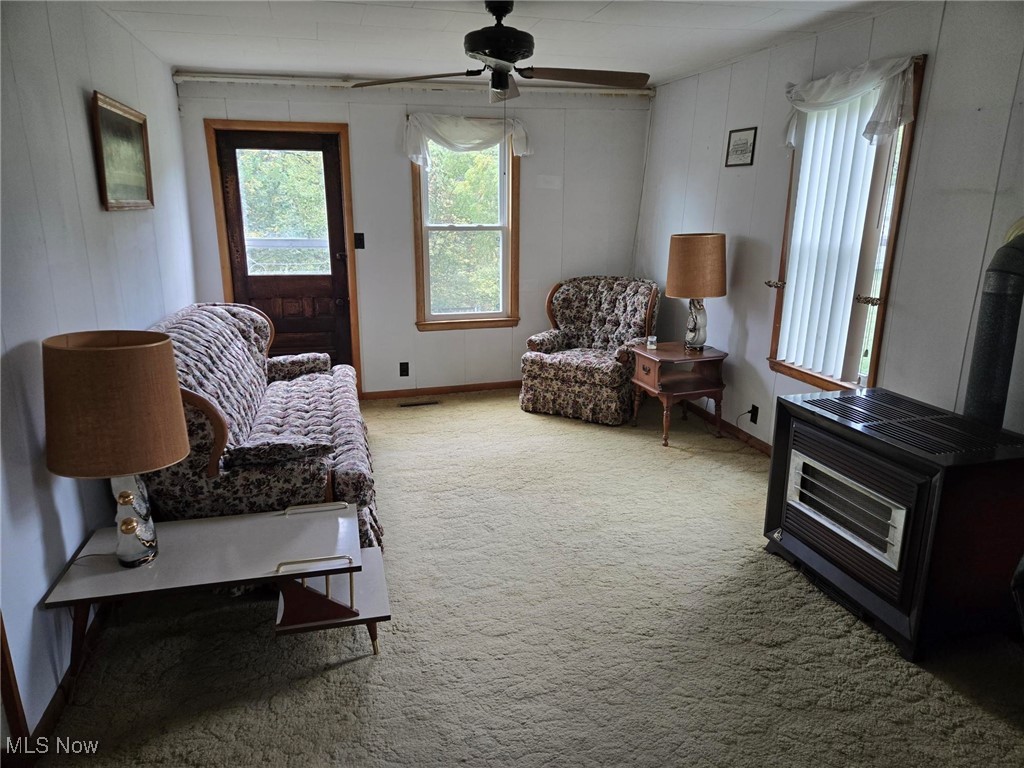 360 Glass Road Malta, OH 43758 - Photo 30 of 32 Living area featuring light colored carpet, healthy amount of natural light, and a ceiling fan