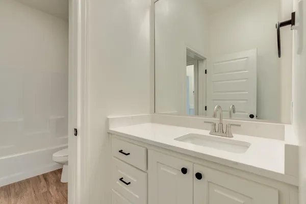 a bathroom with a sink toilet double vanity and tub