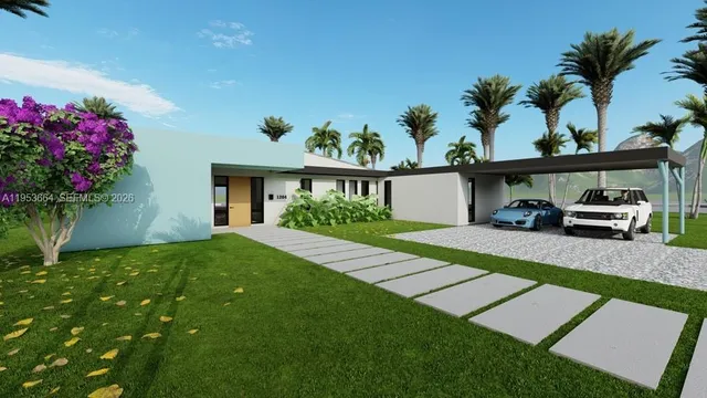 front view of a house with a garden