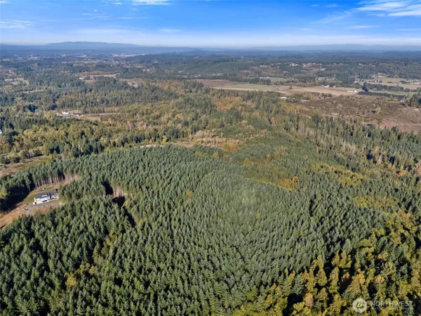 an aerial view of residential houses with outdoor space and trees