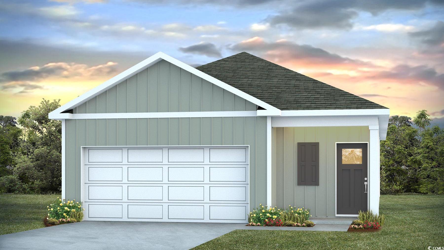 View of front of home with a shingled roof, an attached garage, concrete driveway, and a lawn